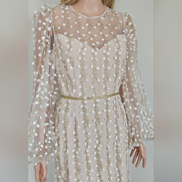 LICHI SHEER DRESS FLORAL EMBROIDERY DETAIL MIDI PENCIL DRESS MEDIUM - Picture 3 of 11